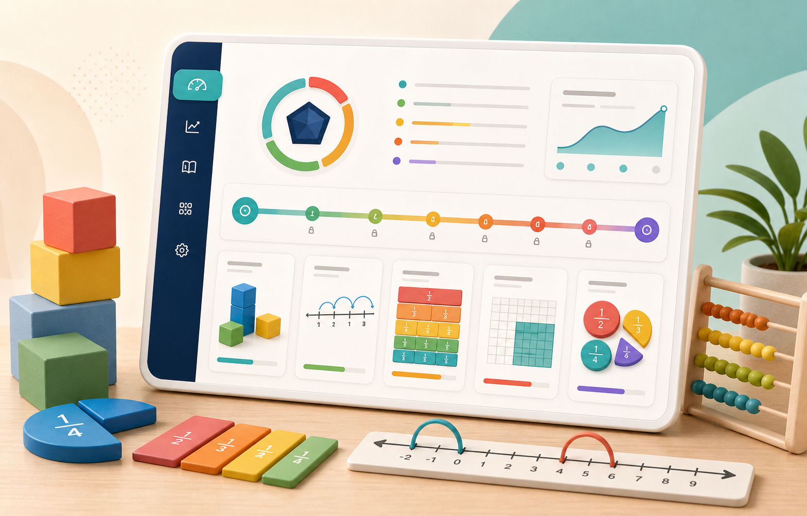 Adaptive math dashboard with level pathways, fractions, number lines, and learning manipulatives